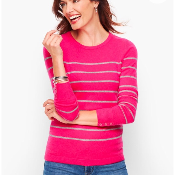Talbots sweater Large Pink with grey stripes 100% cashmere button cuffs soft - Picture 7 of 8